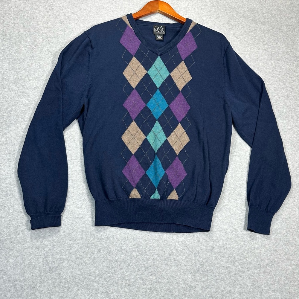 Jos‎ A Bank Mens Sweater Blue Argyle Long Sleeve V Neck Medium